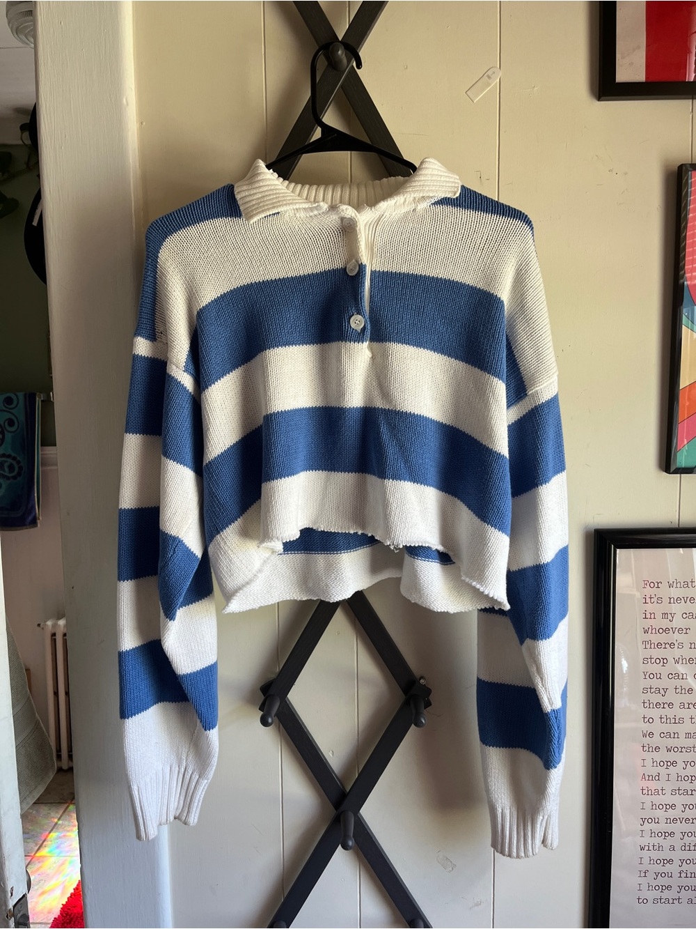 Eddie Bauer Blue and White Striped Cropped Polo Sweater
